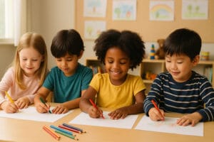 Crianças desenhando com lápis de cor em ambiente escolar acolhedor