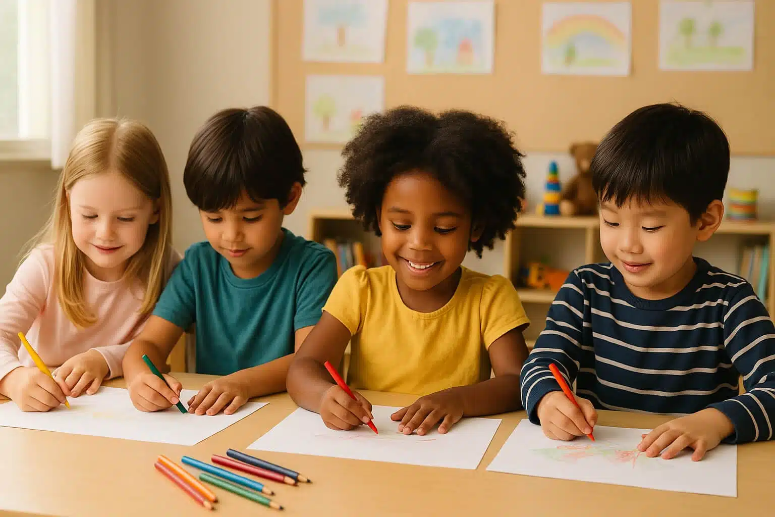 Crianças desenhando com lápis de cor em ambiente escolar acolhedor