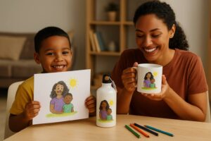 Mãe emocionada segura caneca personalizada enquanto filho exibe seu desenho