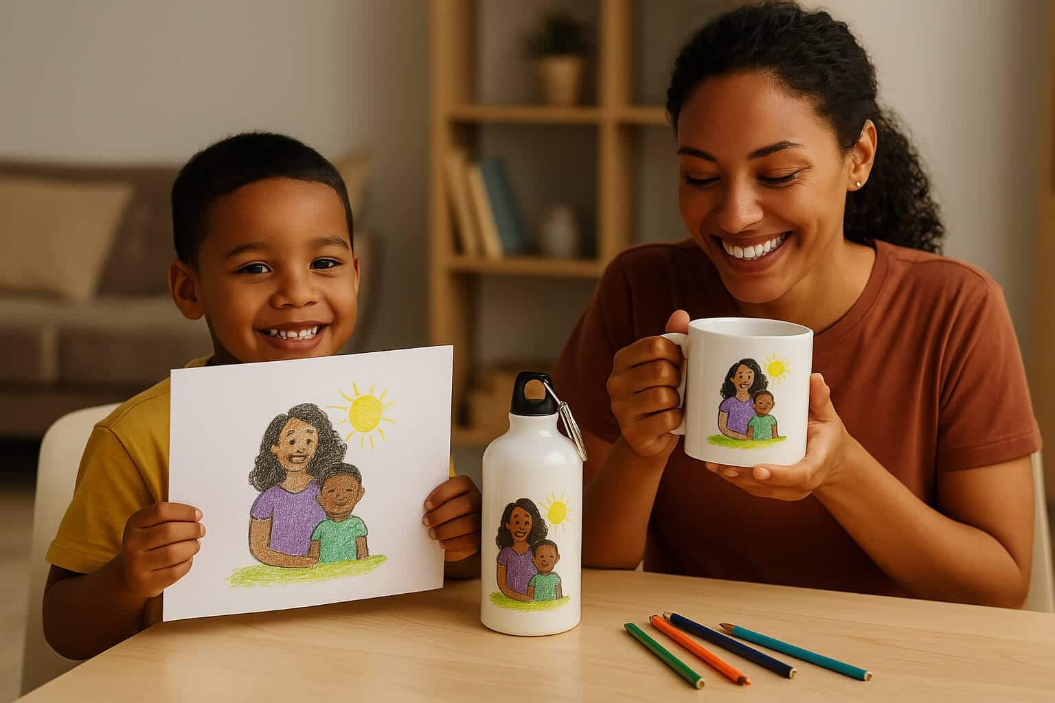 Mãe emocionada segura caneca personalizada enquanto filho exibe seu desenho