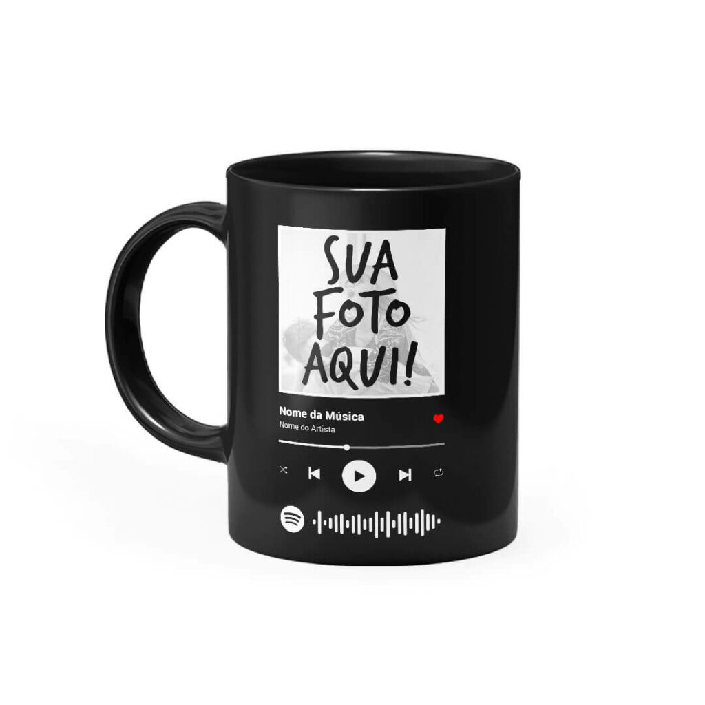 Caneca Personalizada Preta com Foto e Música Spotify Code