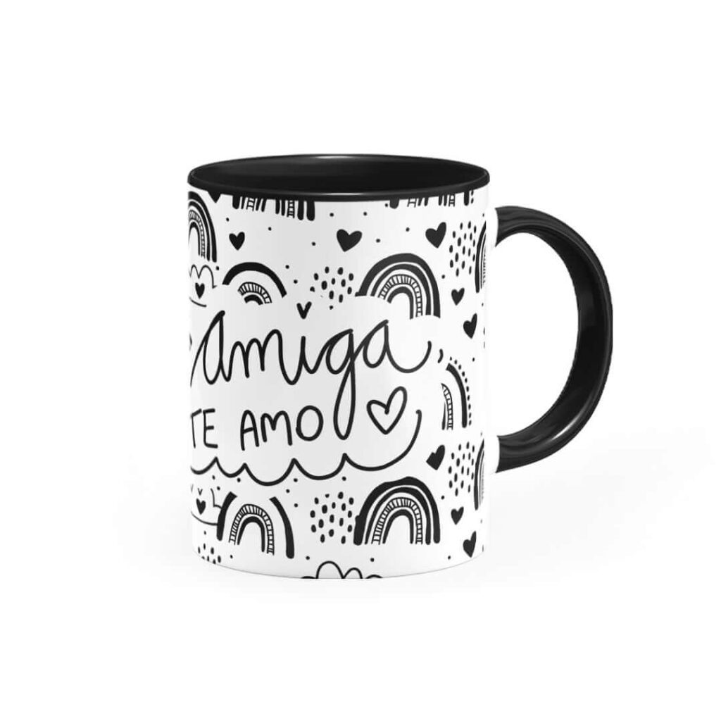 Caneca de cerâmica branca com a frase Melhores Amigas Te Amo, vista de frente
