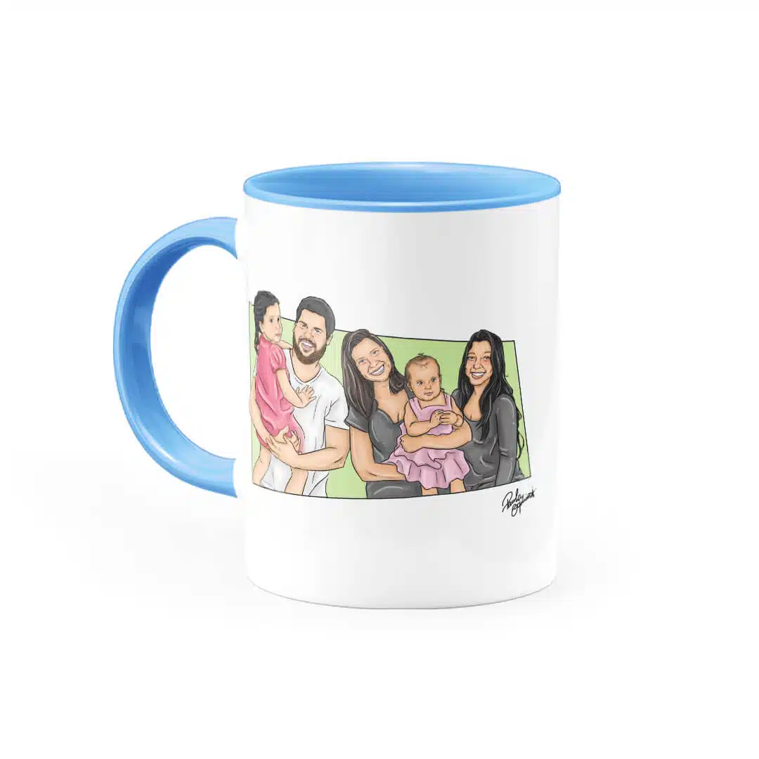 Canecatura – Caricaturas em Caneca Personalizada Alça e Interior Azul Claro - Canecas 24 Horas