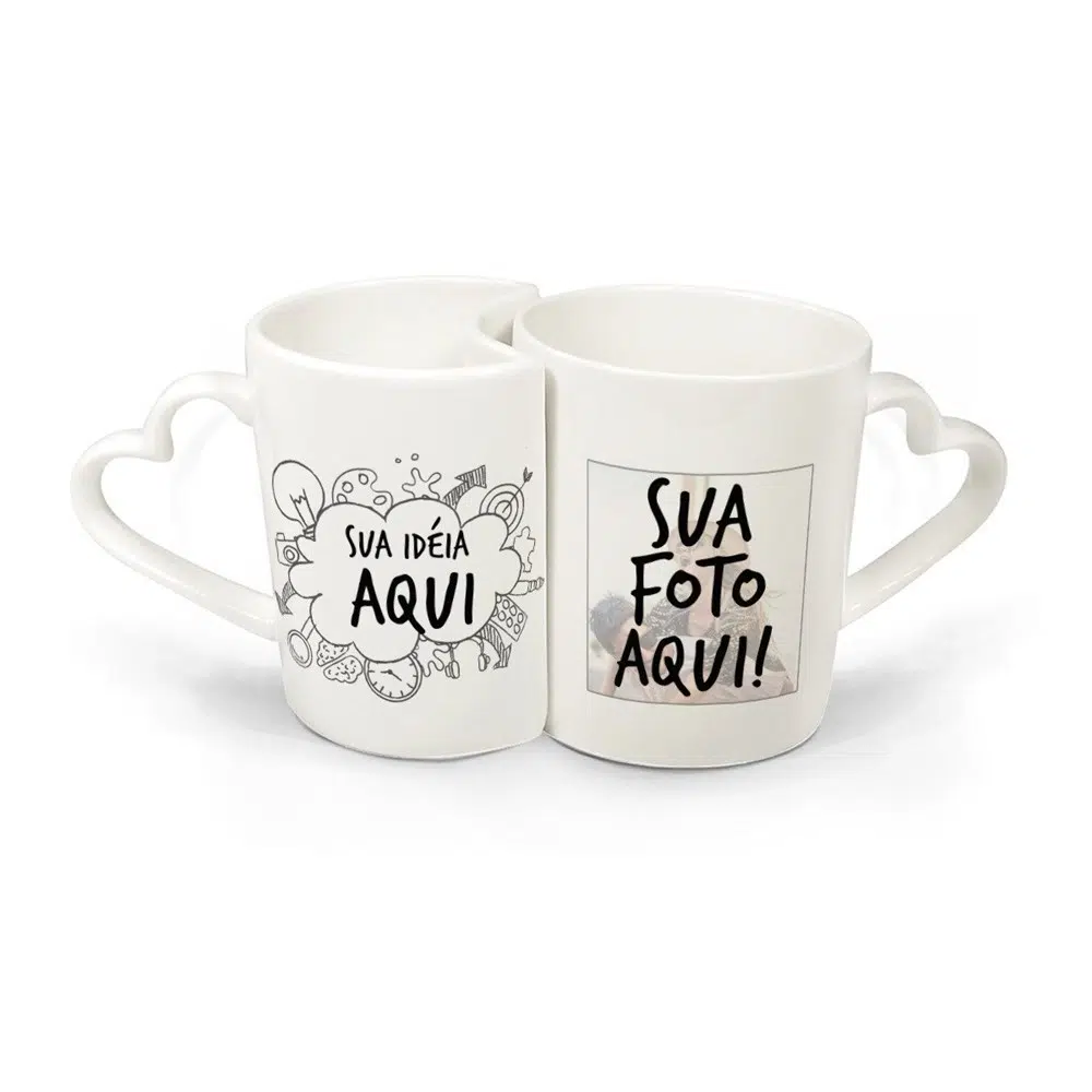 Kit Caneca Dupla Alça De Coração Personalizada