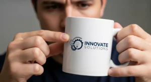 Pessoa analisando a alta qualidade de brindes corporativos, como uma caneca personalizada com logo.