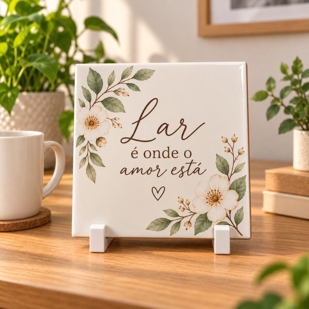 Azulejo personalizado de 15 cm com a frase Lar e onde o amor esta, no suporte branco
