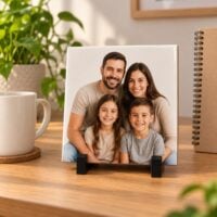 Azulejo personalizado de 15 cm com foto de familia, apoiado no suporte preto sobre a mesa