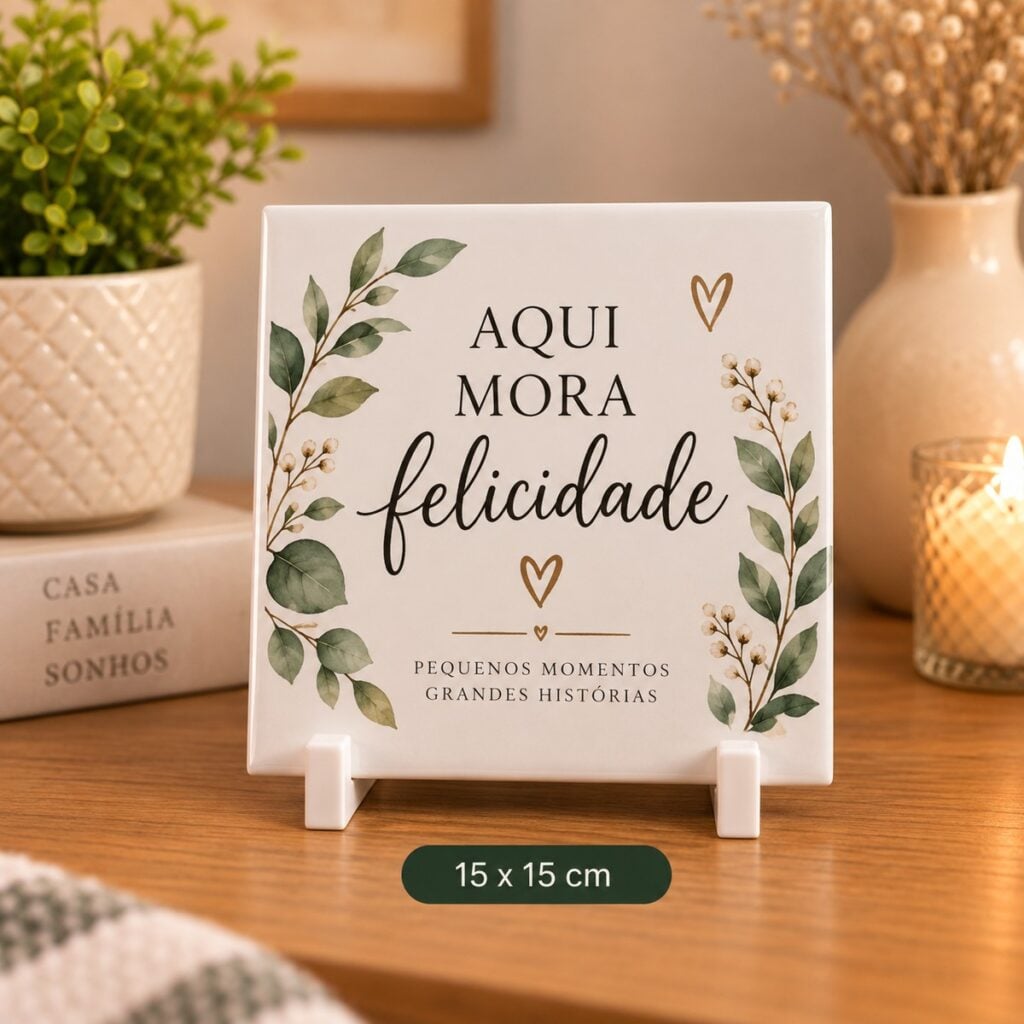 Azulejo personalizado de 15 por 15 cm com a frase Aqui mora felicidade, no suporte branco