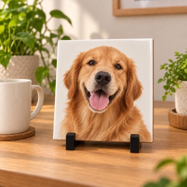 Azulejo Personalizado De 15 Cm Com A Foto De Um Cachorro, No Suporte Preto Sobre A Mesa