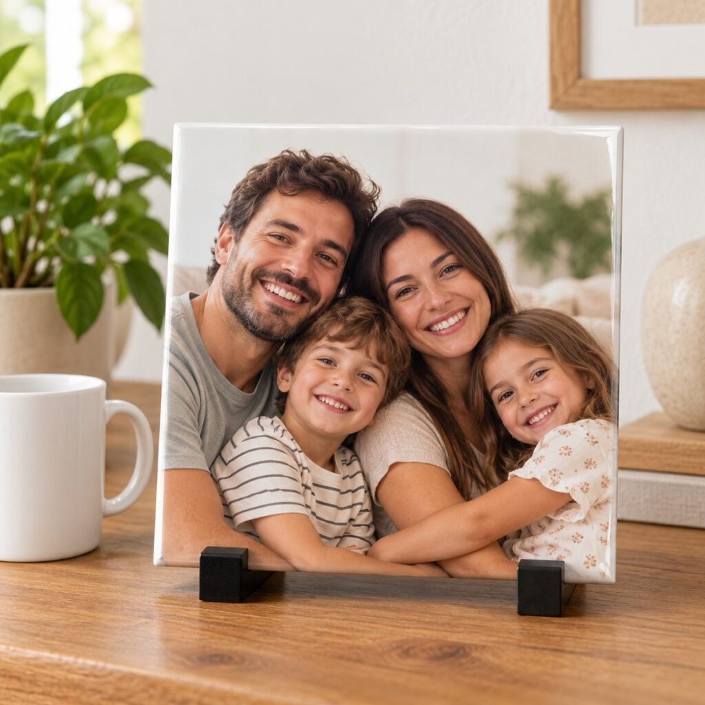 Azulejo personalizado de 20 cm com foto de familia, apoiado no suporte preto sobre a mesa