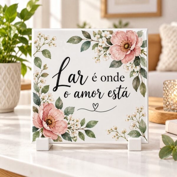 Azulejo Personalizado De 20 Cm Com A Frase Lar E Onde O Amor Esta, No Suporte Branco
