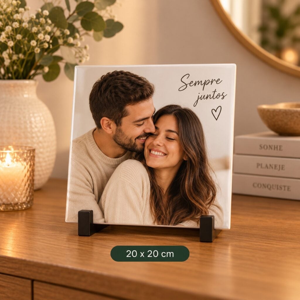 Azulejo personalizado de 20 cm com foto de casal e a frase Sempre juntos, no aparador