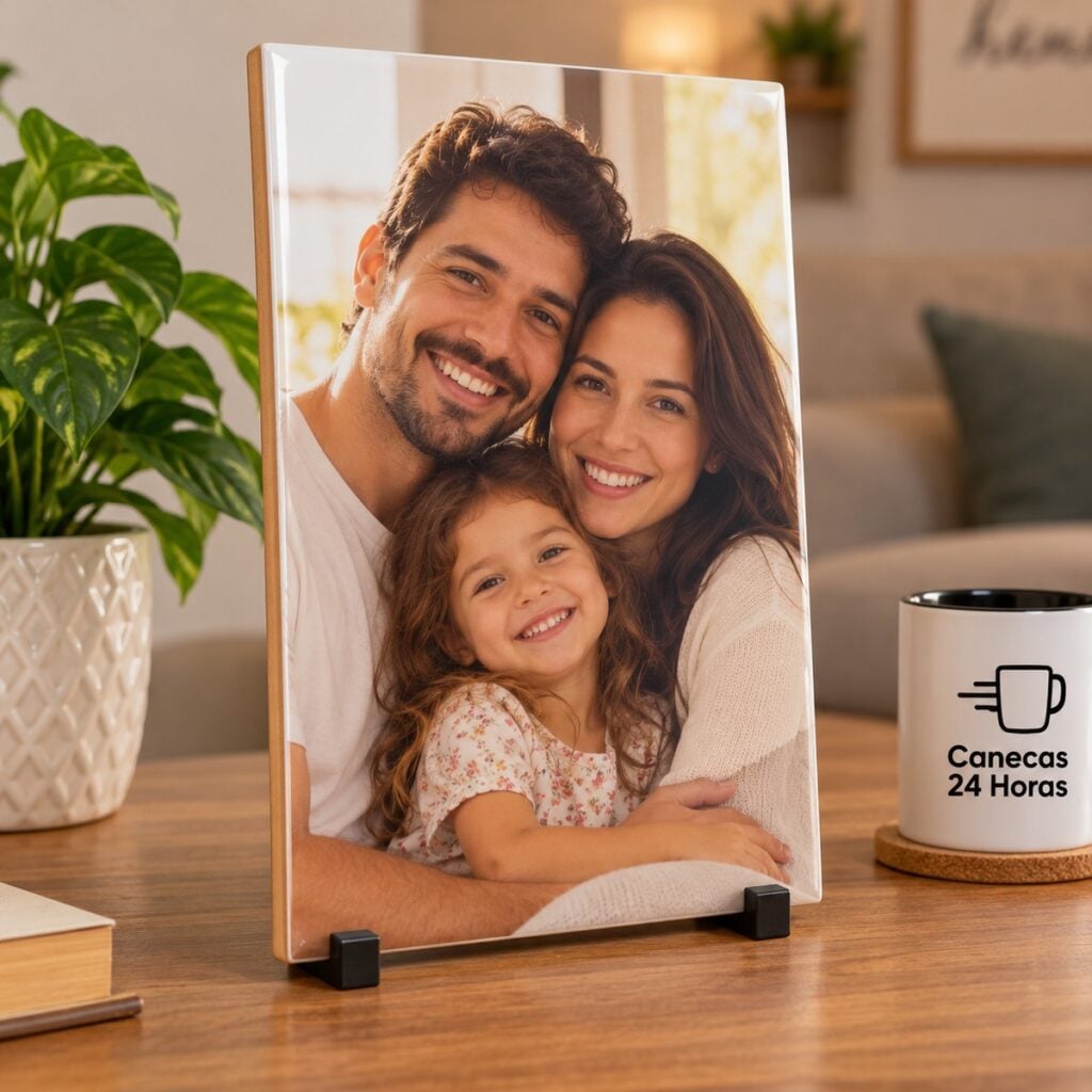 Azulejo personalizado de 20 por 30 cm com foto de mae e filha, no suporte preto sobre a mesa