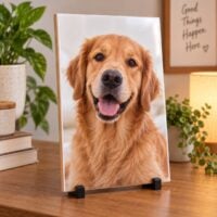 Azulejo personalizado de 20 por 30 cm com a foto de um cachorro, no suporte preto