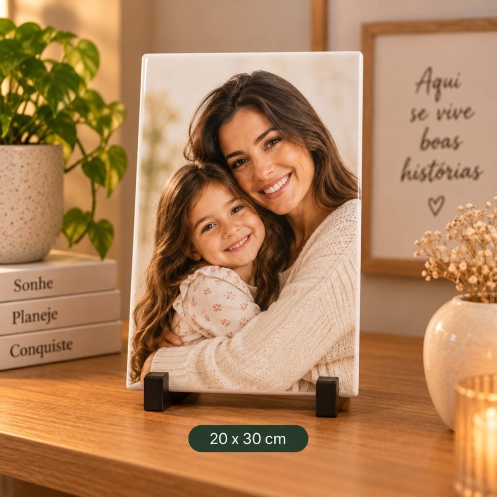Azulejo personalizado de 20 por 30 cm com foto de mae e filha, apoiado na escrivaninha