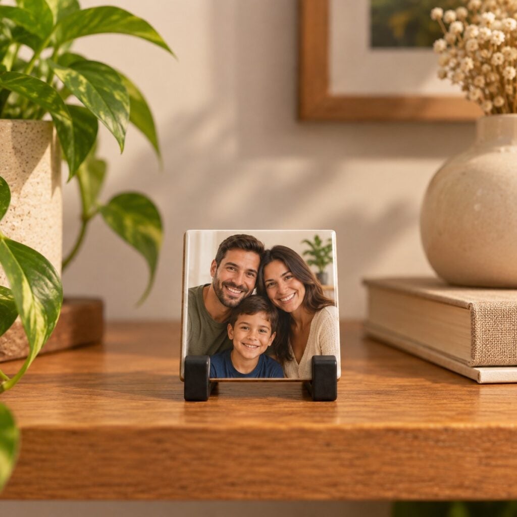 Azulejo personalizado de 4,5 cm com foto de familia, apoiado no suporte preto sobre a estante