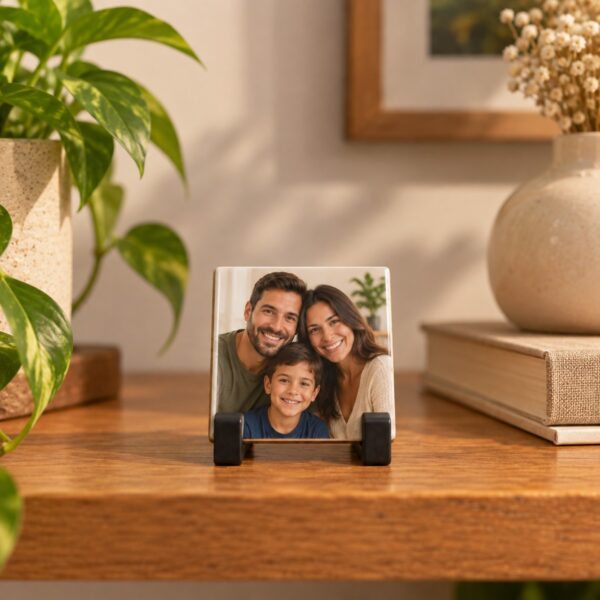 Azulejo Personalizado De 4,5 Cm Com Foto De Familia, Apoiado No Suporte Preto Sobre A Estante