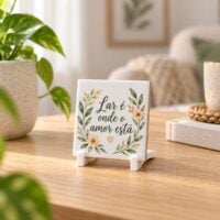 Azulejo personalizado de 4,5 cm com a frase Lar e onde o amor esta, no suporte branco