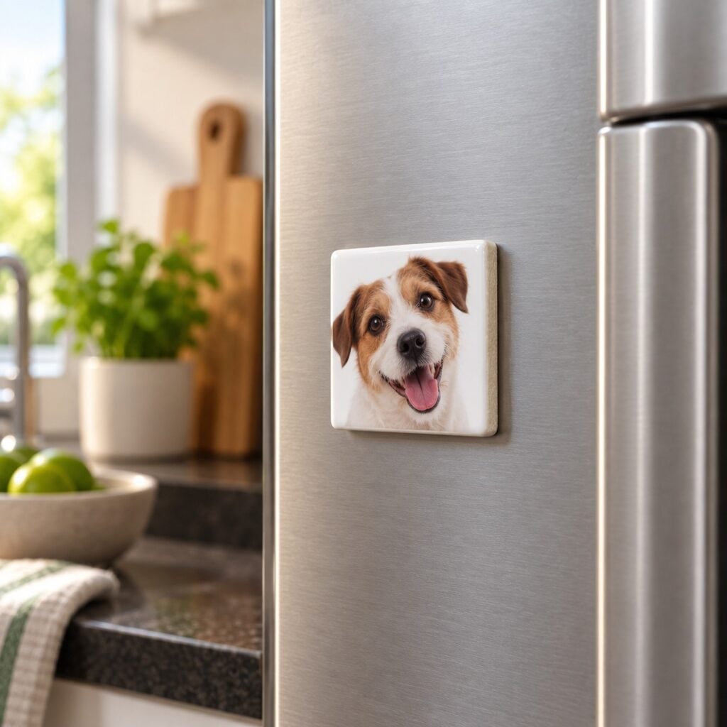 Azulejo personalizado de 4,5 cm com foto de cachorro, preso na porta da geladeira pelo ima