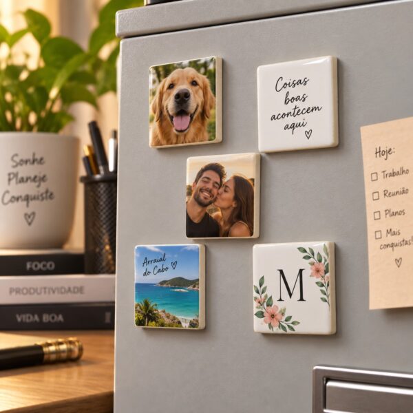 Varios Azulejos Personalizados De 4,5 Cm Compondo Um Mural Na Porta Da Geladeira