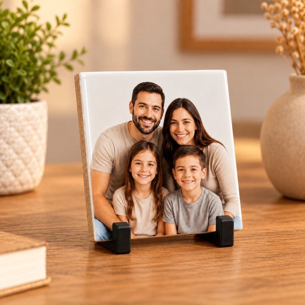 Azulejo personalizado de 7,5 cm com foto de familia, apoiado no suporte preto sobre a mesa