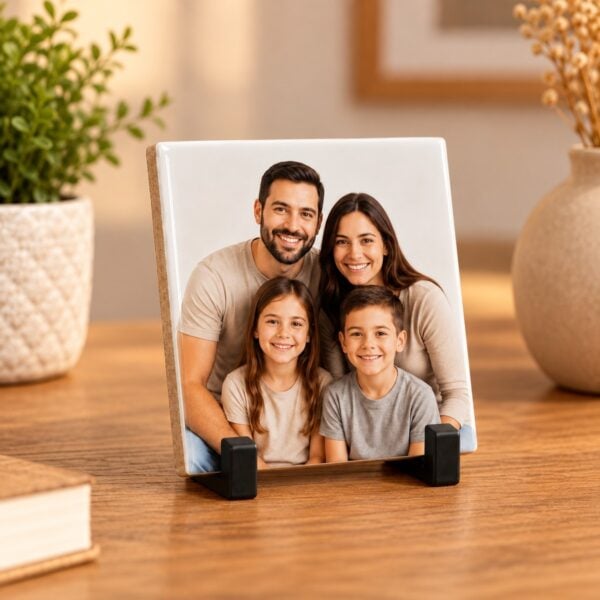 Azulejo Personalizado De 7,5 Cm Com Foto De Familia, Apoiado No Suporte Preto Sobre A Mesa