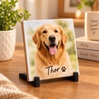 Azulejo personalizado de 7,5 cm com a foto de um cachorro e o nome Thor, no suporte preto