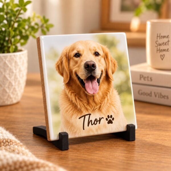 Azulejo Personalizado De 7,5 Cm Com A Foto De Um Cachorro E O Nome Thor, No Suporte Preto