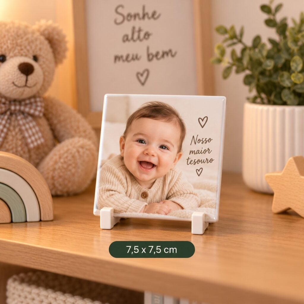 Azulejo personalizado de 7,5 cm com foto de bebe, no suporte branco sobre a comoda