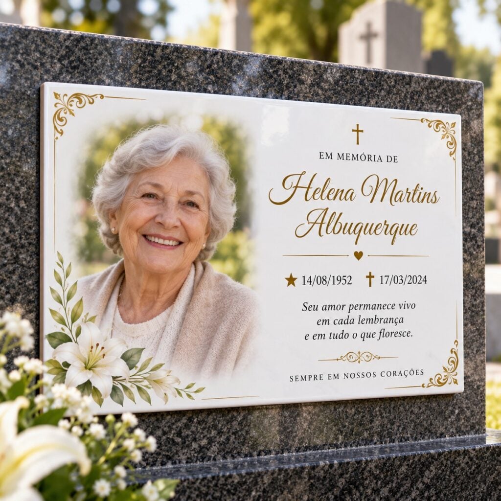 Placa memorial em cerâmica clara, com foto colorida e moldura dourada, fixada em lápide de granito