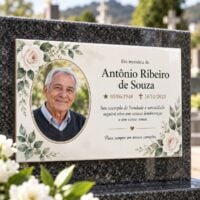 Placa memorial em cerâmica clara, com foto em moldura oval e arte de rosas brancas, em lápide de granito