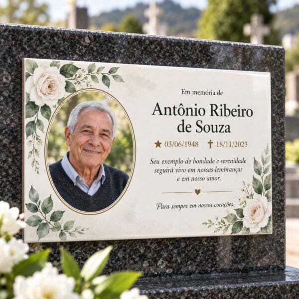 Placa Memorial Em Cerâmica Clara, Com Foto Em Moldura Oval E Arte De Rosas Brancas, Em Lápide De Granito