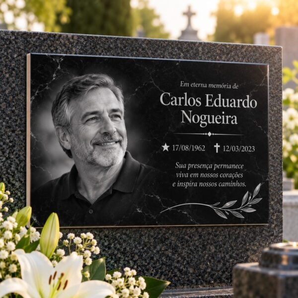 Placa Memorial Em Cerâmica Escura, Com Foto E Arte De Folhagem, Fixada Em Lápide Ao Ar Livre