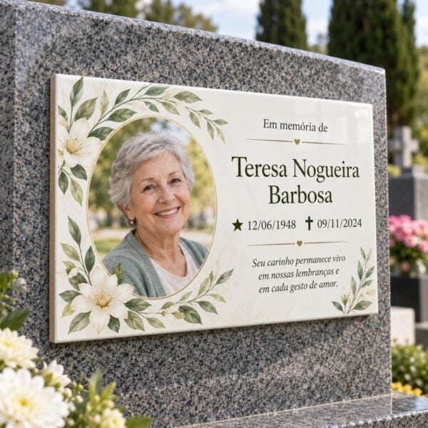 Placa Memorial Em Cerâmica Clara, Com Foto Em Moldura Redonda E Folhagem Verde, Fixada Em Lápide