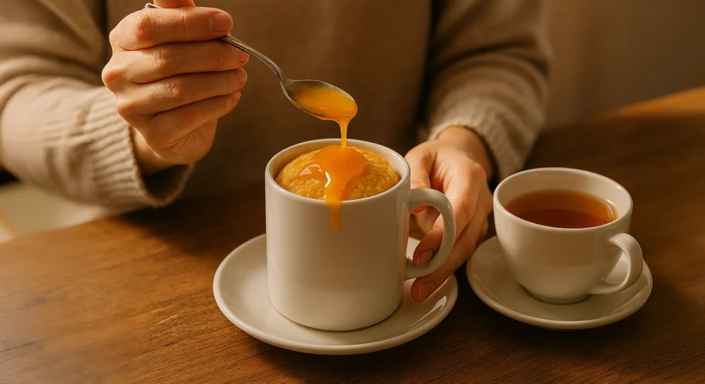 Bolo de laranja fofinho, uma das receitas de caneca fáceis para o café da tarde.