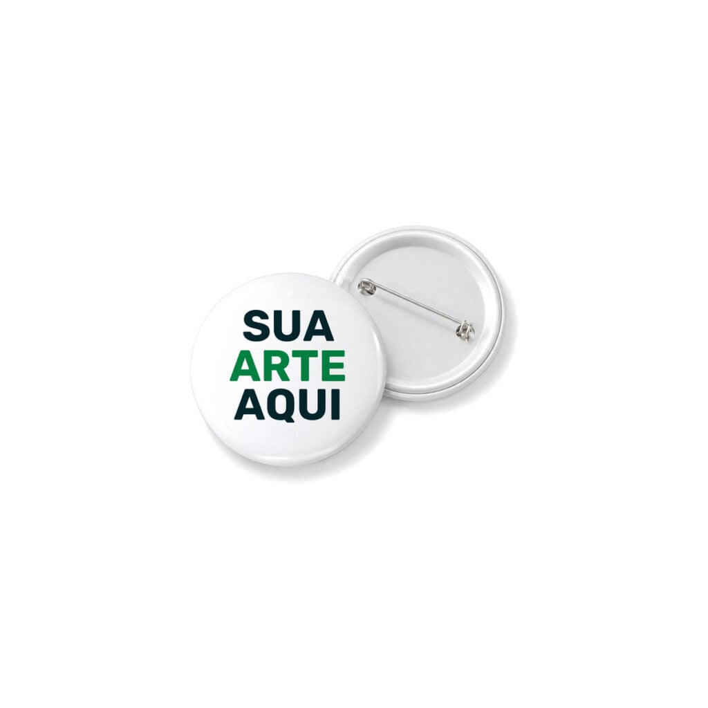 Botton personalizado de 3,2 cm com o texto Sua arte aqui, frente colorida e verso branco com alfinete