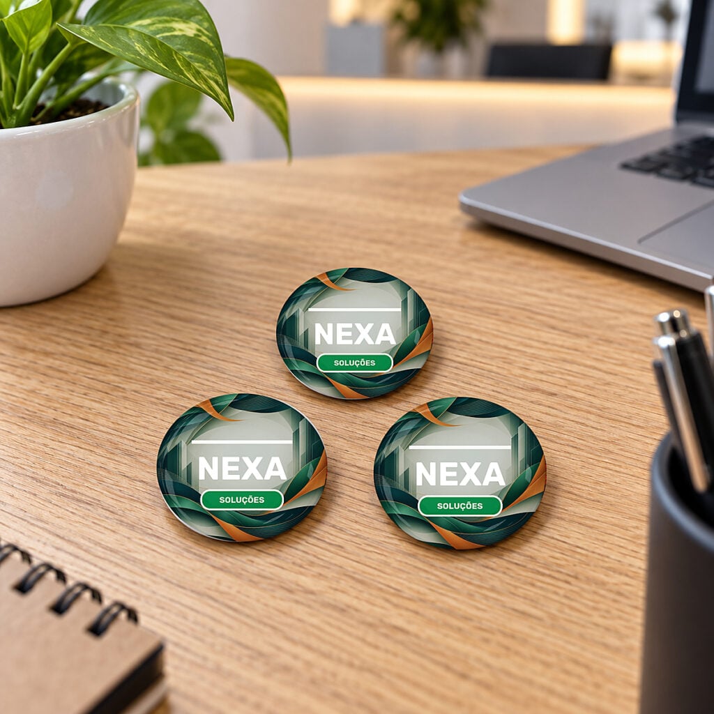 Três bottons personalizados de 3,2 cm com identidade visual corporativa sobre uma mesa de trabalho