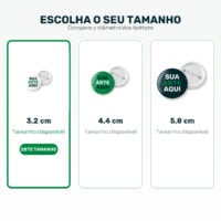 Comparação entre bottons personalizados de 3,2 cm, 4,4 cm e 5,8 cm com destaque para 3,2 cm