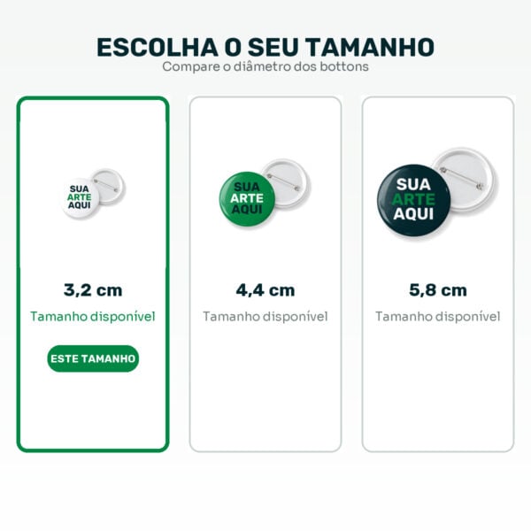 Comparação Entre Bottons Personalizados De 3,2 Cm, 4,4 Cm E 5,8 Cm Com Destaque Para 3,2 Cm