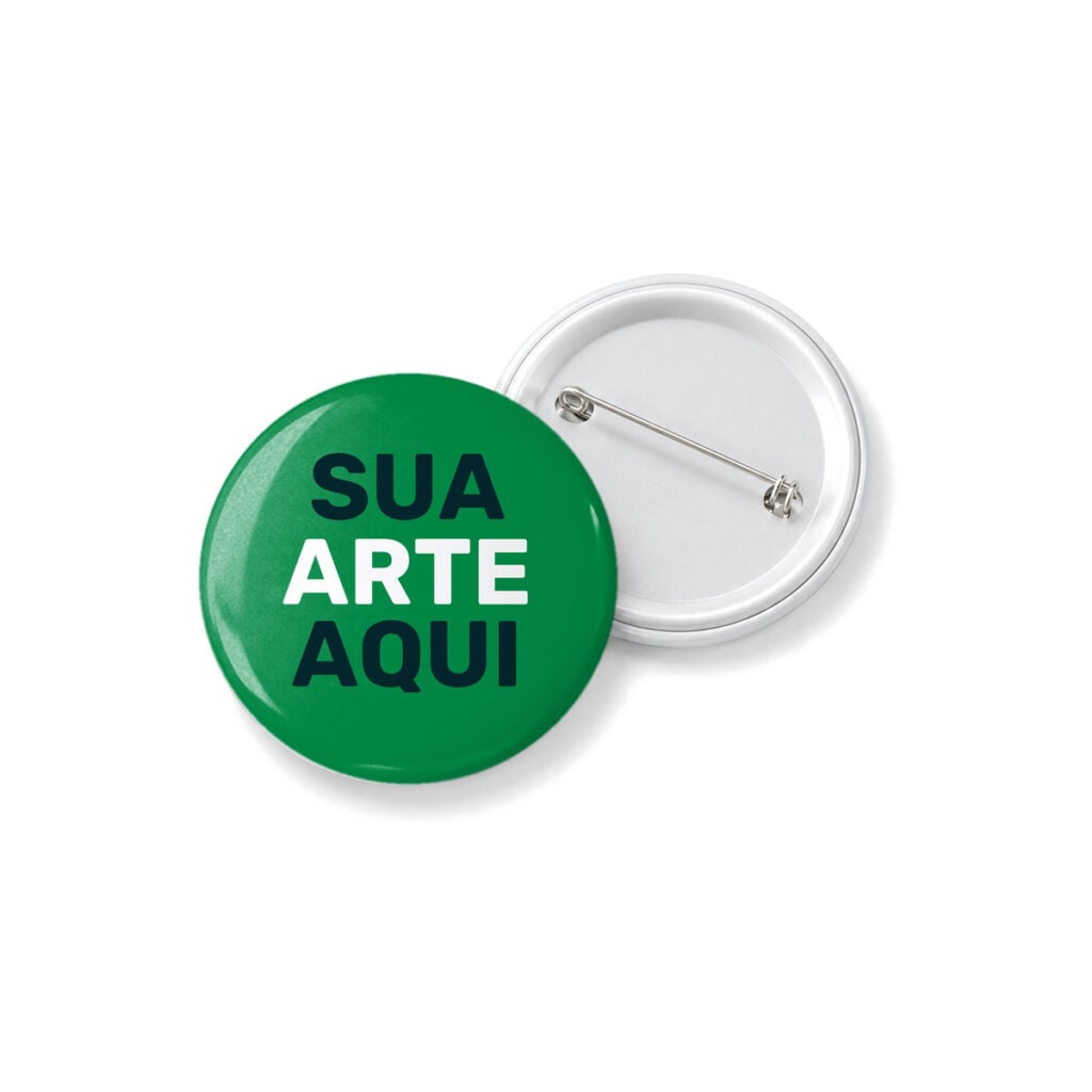 Botton personalizado de 4,4 cm com o texto Sua arte aqui, frente verde e verso branco com alfinete