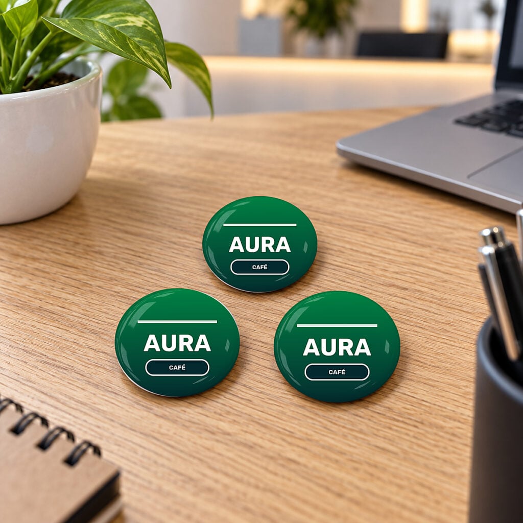 Três bottons personalizados de 4,4 cm com identidade visual corporativa sobre uma mesa de trabalho