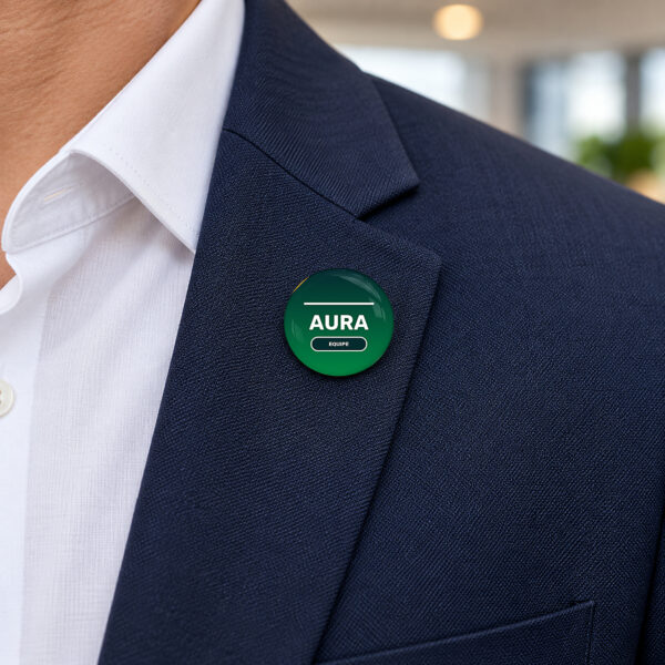 Botton Personalizado De 4,4 Cm Aplicado Na Lapela De Um Paletó Azul