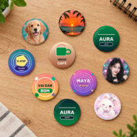 Seleção de bottons personalizados de 4,4 cm com foto, empresa, pet, humor e ilustrações