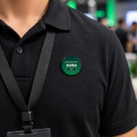 Botton personalizado de 4,4 cm aplicado em roupa com crachá de evento