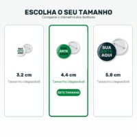 Comparação entre bottons personalizados de 3,2 cm, 4,4 cm e 5,8 cm com destaque para 4,4 cm