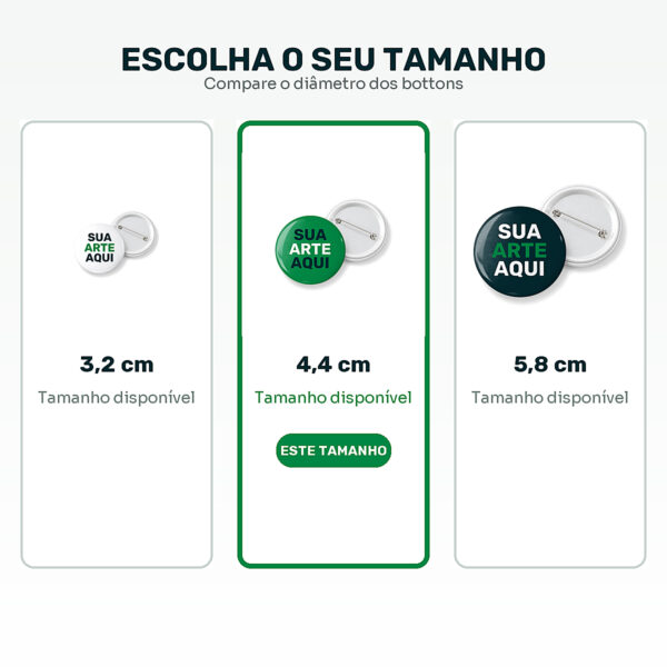 Comparação Entre Bottons Personalizados De 3,2 Cm, 4,4 Cm E 5,8 Cm Com Destaque Para 4,4 Cm
