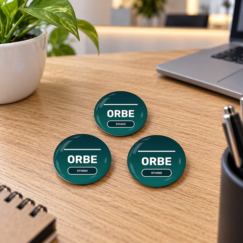 Três bottons personalizados de 5,8 cm com identidade visual corporativa sobre uma mesa de trabalho