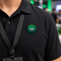 Botton personalizado de 5,8 cm aplicado em roupa com crachá de evento