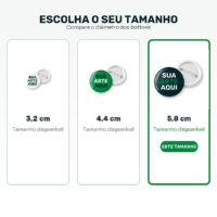 Comparação entre bottons personalizados de 3,2 cm, 4,4 cm e 5,8 cm com destaque para 5,8 cm