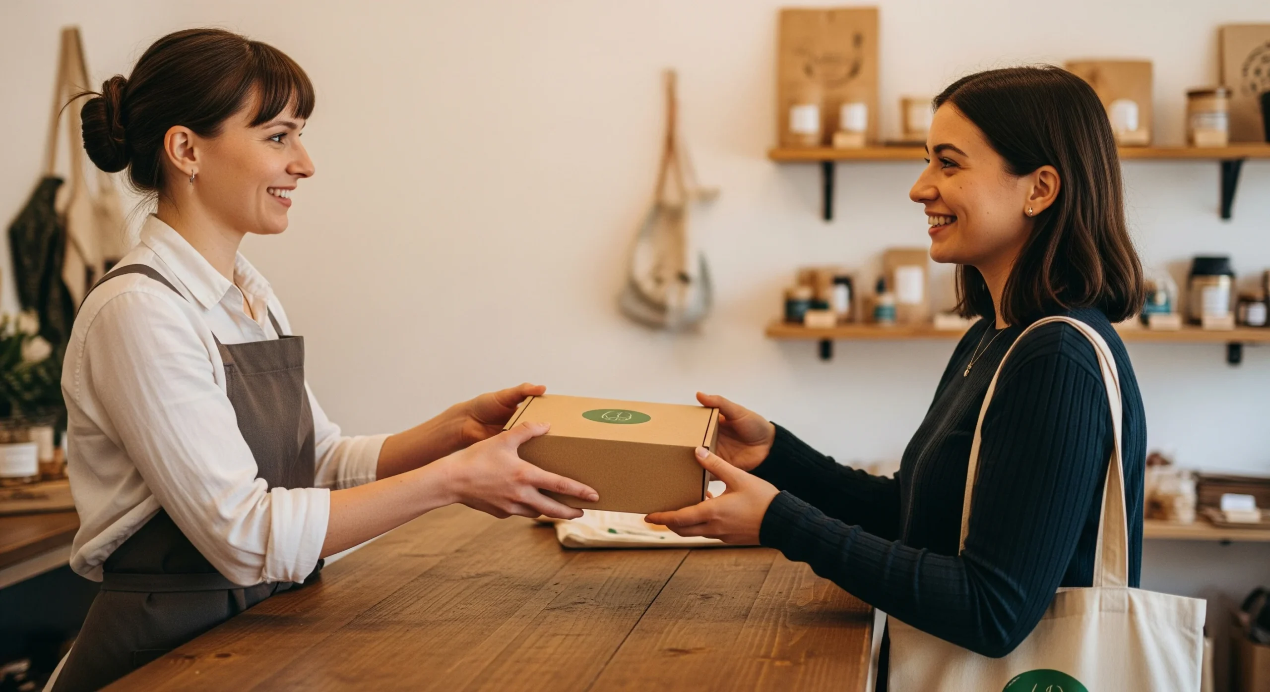 Empresário entregando um dos brindes para o dia do cliente para uma cliente satisfeita em sua loja.